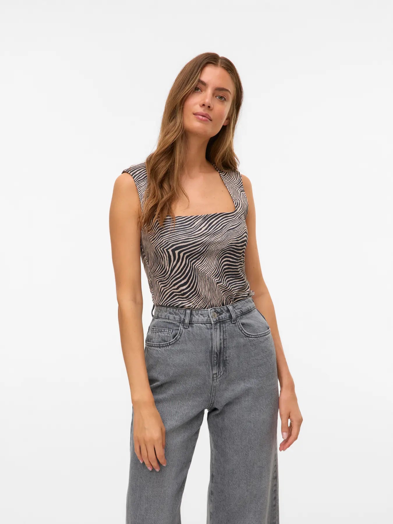 VMMILLION SL SQUARE NECK TOP JRS NOOS, Oatmeal Tilla Zebra