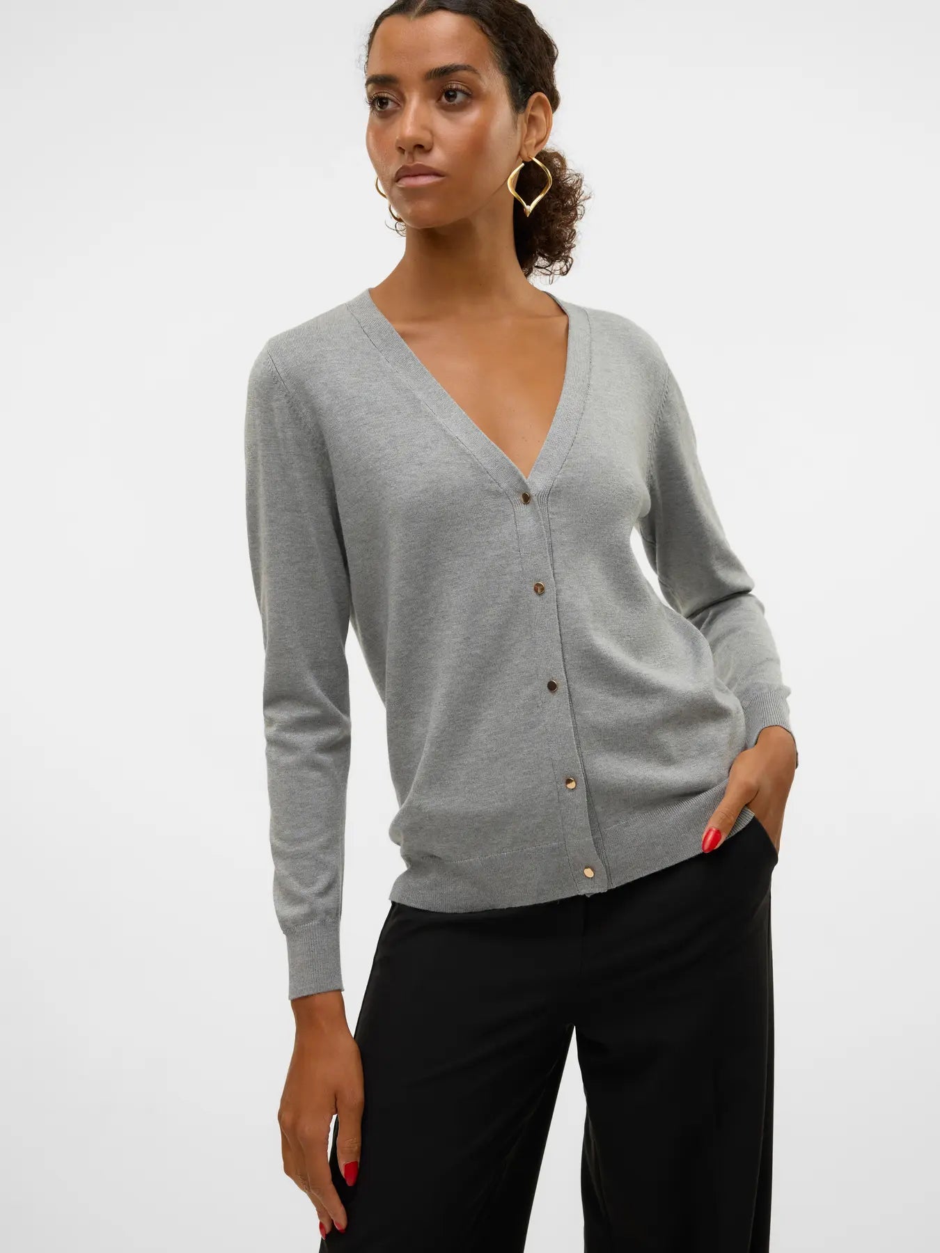 VMSILJE LS V-NECK CARDIGAN, Medium Grey Melange